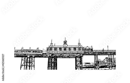 Building view with landmark of Eastbourne is a resort town on England. Hand drawn sketch illustration in vector.