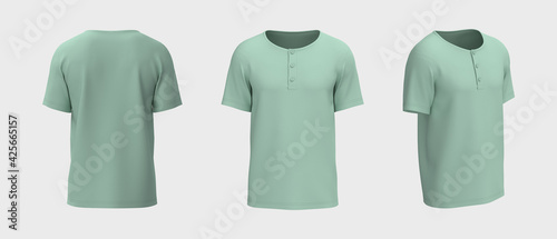Blank short-sleeve henley t-shirt mockup. Front, back and side views, design presentation for print, 3d illustration, 3d rendering