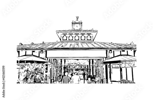 Building view with landmark of Eastbourne is a resort town on England. Hand drawn sketch illustration in vector.
