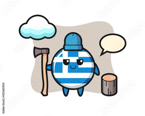 Character cartoon of greece flag badge as a woodcutter