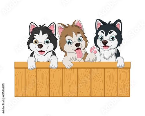Set of three baby dog cartoon with wooden sign