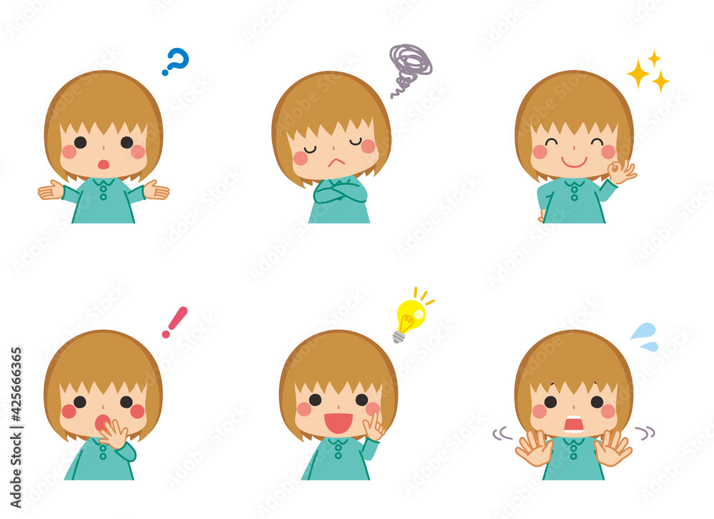 Fototapeta 考え事をしている可愛い小さな女の子のイラスト セット バリエーション 白背景 質疑応答 Q A Naklejamy Com