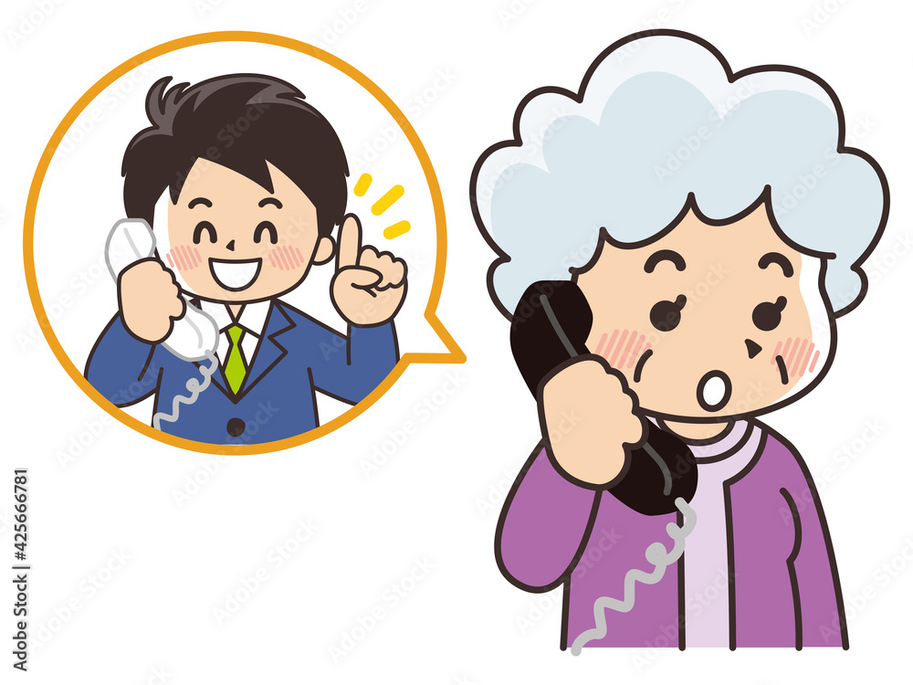 セールスマンと通話するシニア女性