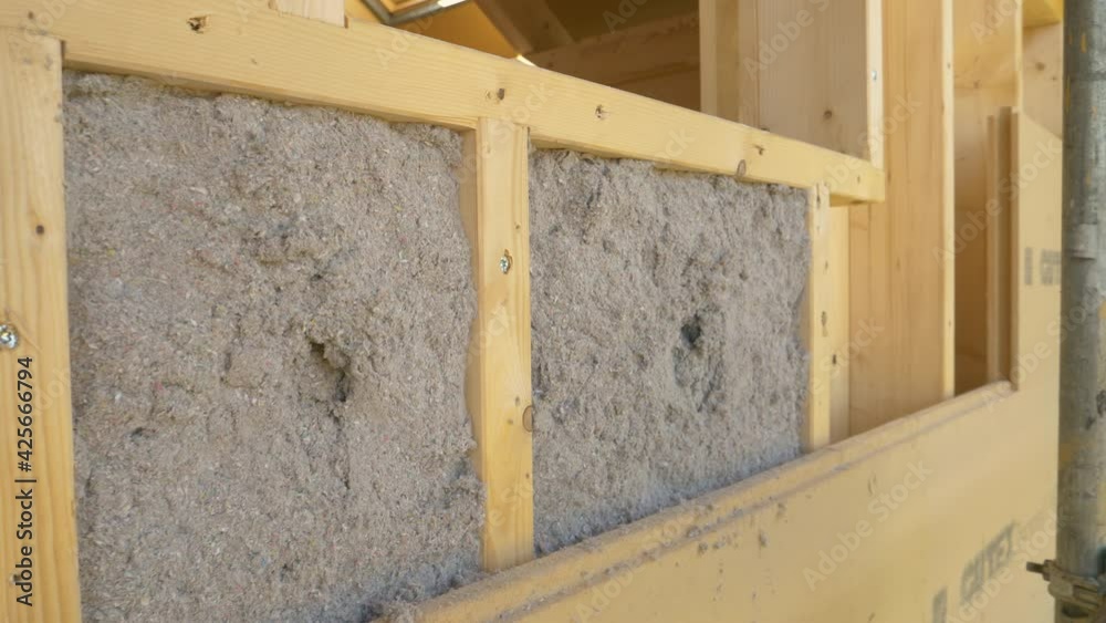 CLOSE UP: Grey ecofriendly cellulose insulation fills up a frame on a wooden wall of CLT house under construction. Detailed shot of modern environmentally friendly housing insulation covering a house.