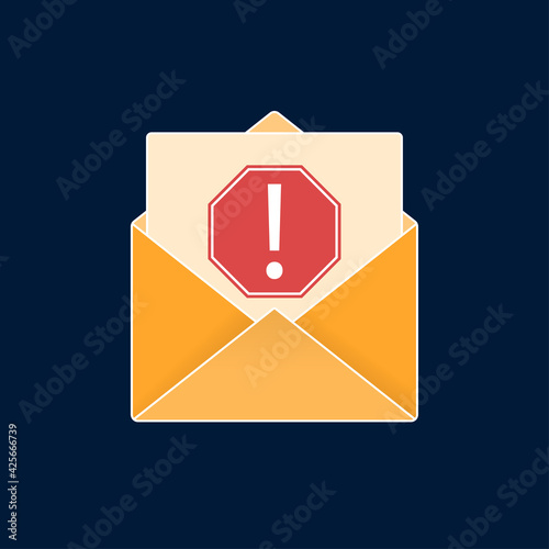 Yellow fraud letter icon with document, alert exclamation warning sign. Vector phishing newsletter mail illustration. Scam and malicious spam
