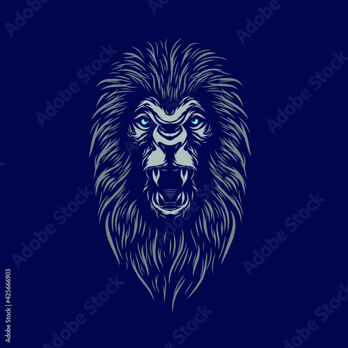 Lion head face vector silhouette line pop art potrait logo colorful design with dark background. Abstract vector illustration. Isolated black background for t-shirt, poster, clothing.