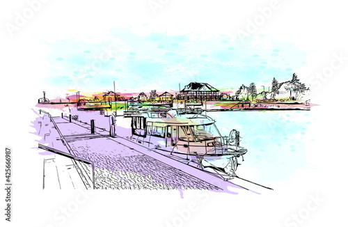 Building view with landmark of Elblag is a city in northern Poland. Watercolour splash with hand drawn sketch illustration in vector.