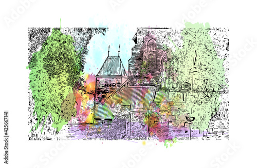 Building view with landmark of Elblag is a city in northern Poland. Watercolour splash with hand drawn sketch illustration in vector.