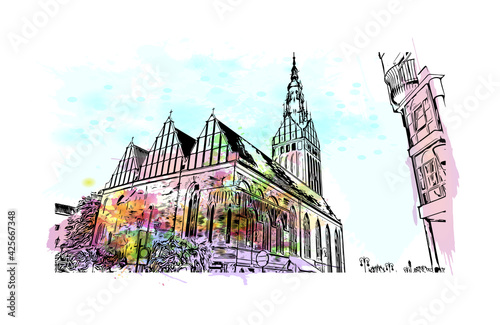 Building view with landmark of Elblag is a city in northern Poland. Watercolour splash with hand drawn sketch illustration in vector.