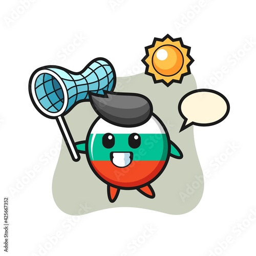 bulgaria flag badge mascot illustration is catching butterfly