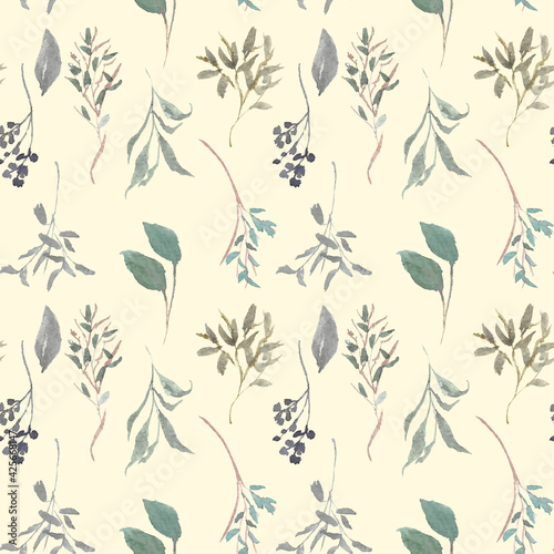 Hand drawn green leaf floral watercolor seamless pattern