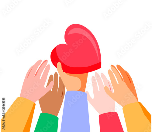 Heart holding by diverse hands. Vector illustration concept for sharing love, helping others, charity supported by global community
