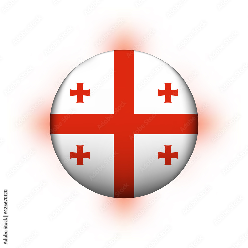 Glass light ball with flag of Georgia. Round sphere, template icon. Georgian national symbol. Glossy realistic ball, 3D abstract vector illustration highlighted on a white background. Big bubble Glass light ball with flag of Georgia. Round sphere, template icon. Georgian national symbol. Glossy realistic ball, 3D abstract vector illustration highlighted on a white background. Big bubble