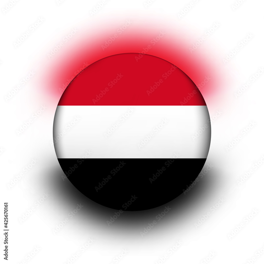 Glass light ball with flag of Yemen. Round sphere, template icon. National symbol. Glossy realistic ball, 3D abstract vector illustration highlighted on a white background. Big bubble Glass light ball with flag of Yemen. Round sphere, template icon. National symbol. Glossy realistic ball, 3D abstract vector illustration highlighted on a white background. Big bubble