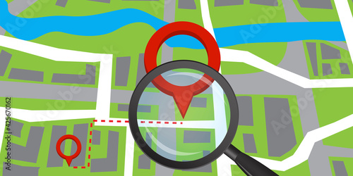 Search Pin icon. Hand pointer icon. City illustration. Stock image. Vector illustration. EPS 10.