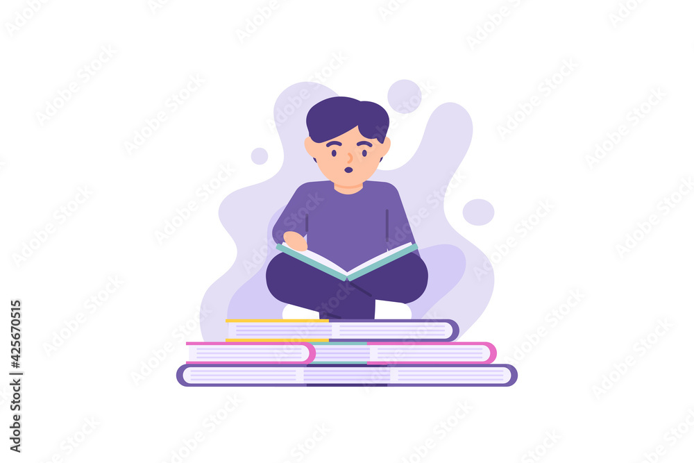 nerdy, novel lover. illustration of a child reading a book or learning to increase knowledge. sitting on a book. activities to add insight. flat style. educational vector design