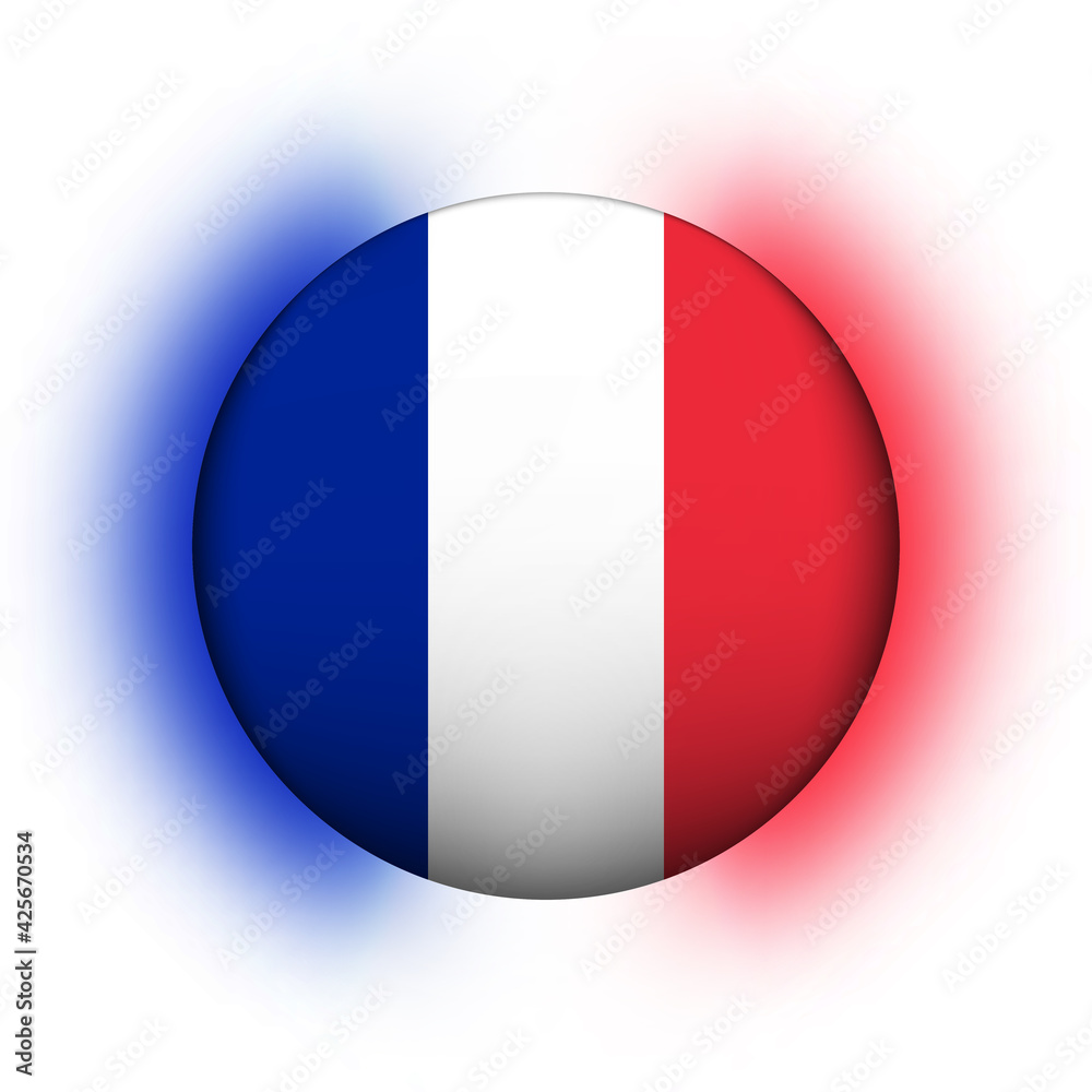 Glass light ball with flag of France. Round sphere, template icon. French national symbol. Glossy realistic ball, 3D abstract vector illustration highlighted on a white background. Big bubble Glass light ball with flag of France. Round sphere, template icon. French national symbol. Glossy realistic ball, 3D abstract vector illustration highlighted on a white background. Big bubble