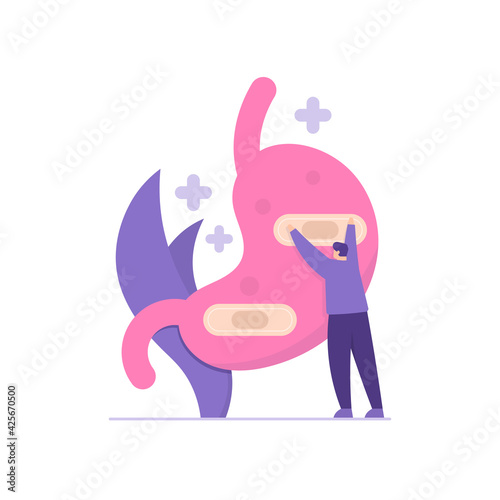 maintain gastric health. illustration of a male nurse who was caring for and treating gastric injured or diseased. basic style. vector design