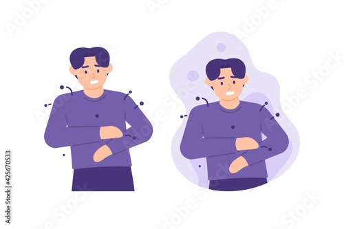 a man who feels uncomfortable and feels itchy because of fleas on clothes. repel lice on clothes. attacked by nuisance insects. flat style. vector design