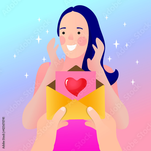 An envelope and a cheerful girl. Surprised girl received love letter  message in envelope with red heart. Happy valentines day. Vector cartoon design.
