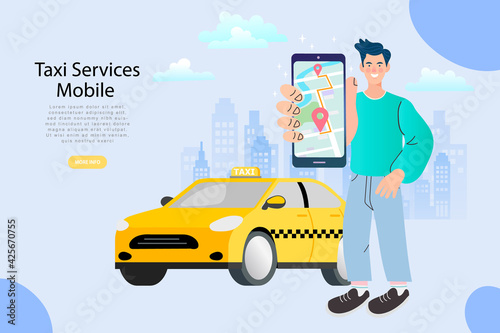Mobile taxi service and ride hailing app concept. A man holds a smartphone with a map to book a car, representing an online transportation service.