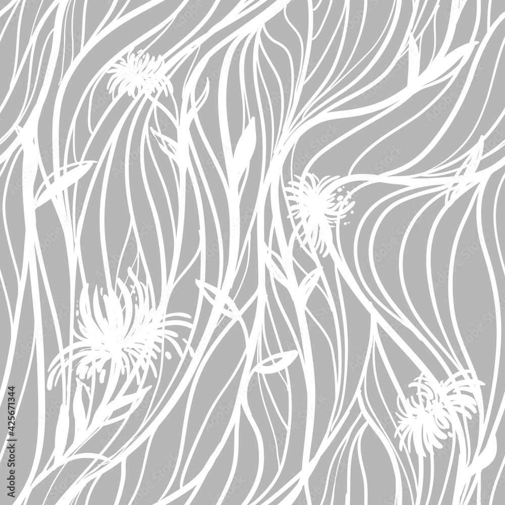 Hand drawn seamless pattern gray and white of abstract line of flowes, leaf. Vector illustration. Elements in graphic style label, sticker, menu, package.