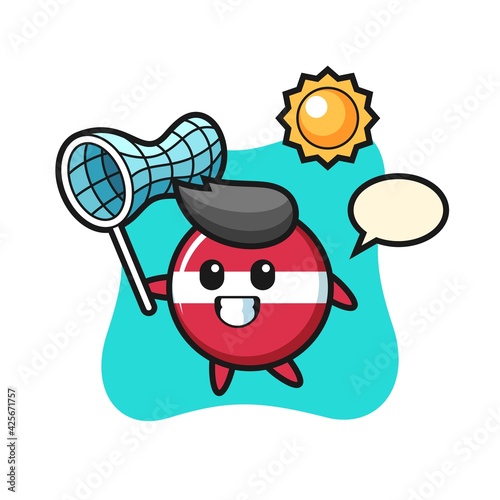 latvia flag badge mascot illustration is catching butterfly