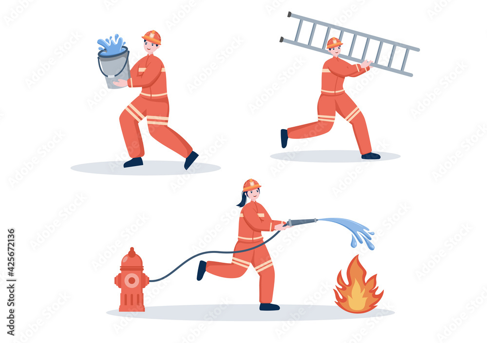 Obraz premium Firefighters With House Fire Engines, Helping People and Animal, Using Rescue Equipment in Various Situations. Vector Illustration