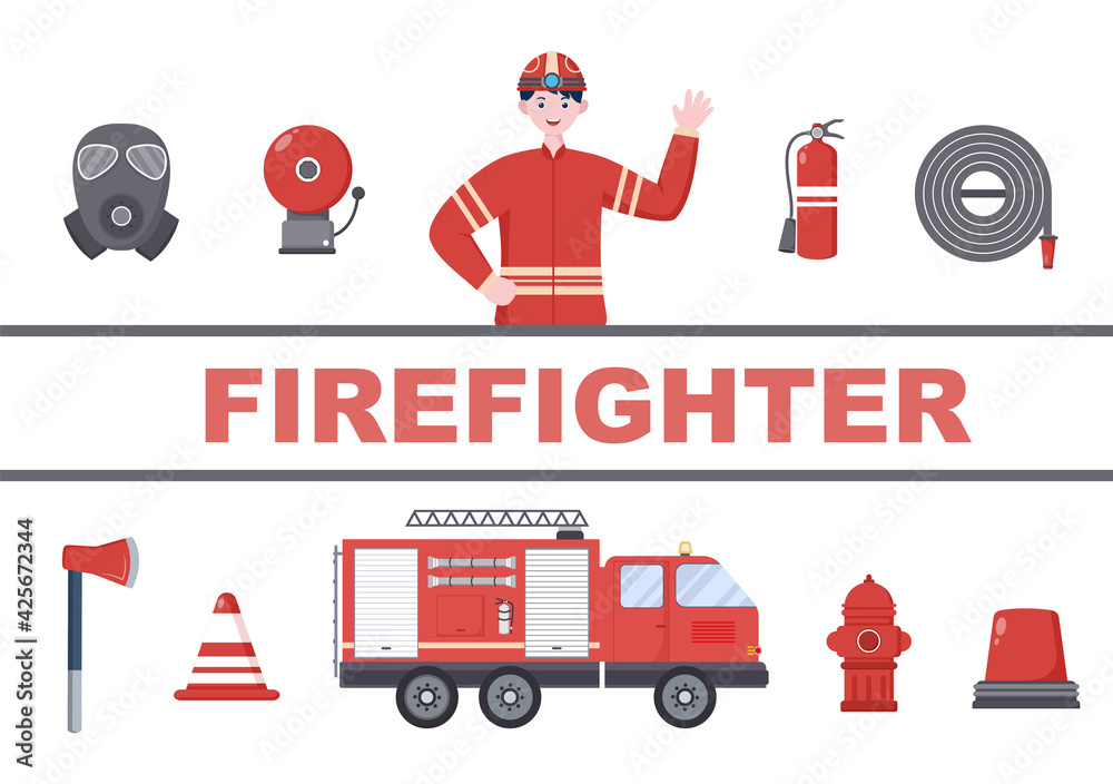 Firefighters With House Fire Engines, Helping People and Animal, Using Rescue Equipment in Various Situations. Vector Illustration
