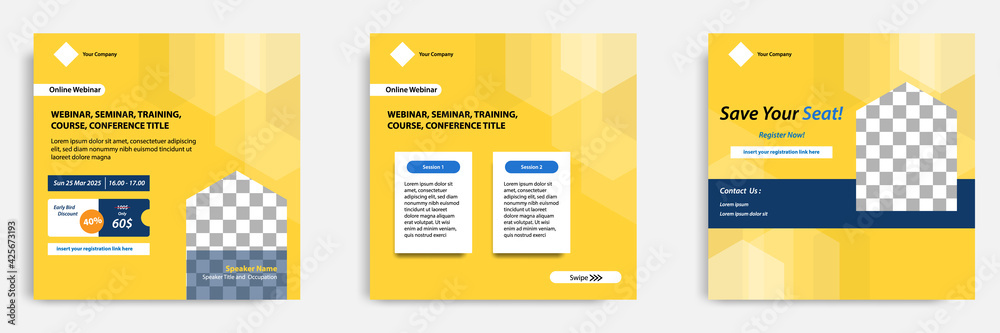 Obraz premium Set bundle collection of social media post template. Layout for online webinar, conference, training, seminar, course, and learning video. Minimal modern and simple style.