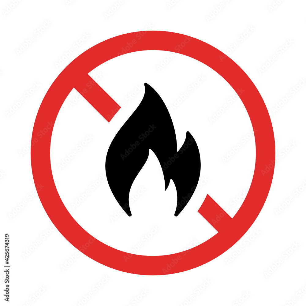 No fire red sign. Flame not allowed. Flammable symbol. No fire red sign. Flame not allowed. Flammable symbol.