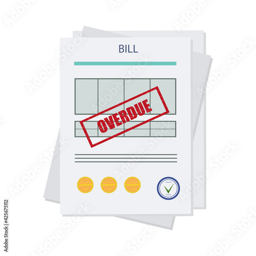 Overdue, unpaid or past due bill. An expense document with a delay in payment. Debt or past purchase notice.Financial data and red stamp. Vector