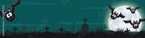 Halloween Banner mit Friedhof, Fledermäusen und Vollmond