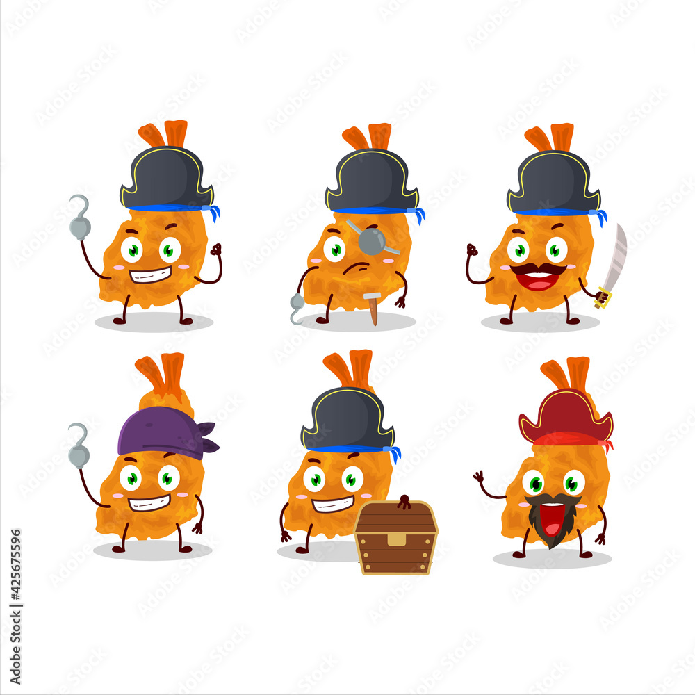 Cartoon character of fried shrimp with various pirates emoticons Cartoon character of fried shrimp with various pirates emoticons