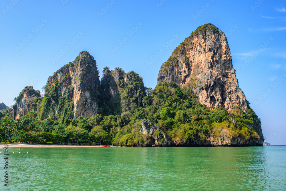 Scenic View of Great Limestone Mountain and Turquoise Andaman Sea in Summer at Railay Beach, Krabi, Thailand