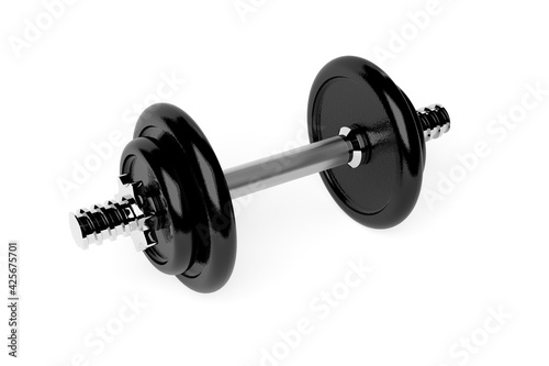 Single fitness gym dumbbell with chrome handle and black plates over white background, muscle exercise, bodybuilding or fitness concept