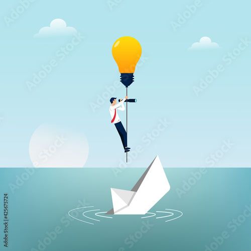 Businessman escapes from sinking paper boat by light bulb symbol. Business concept vector illustration.