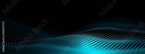 Fotografi Blue cyan wave points terrain or landscape over black background, technology or