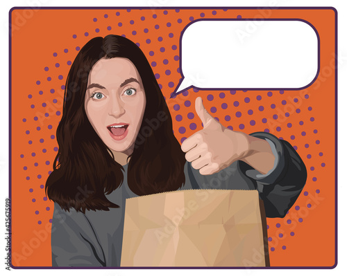 A funny young girl with a brown paper bag show her thumb (like) and smiles in surprise.Shopping concept,discounts on black friday.Vector illustration,EPS 10.Retro pop art comic style.Interactive cloud