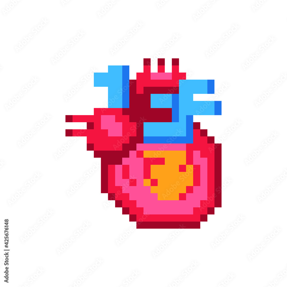 Heart human organ pixel art icon, isolated vector illustration. Design for sticker, web, poster, banner. Heart human organ pixel art icon, isolated vector illustration. Design for sticker, web, poster, banner.