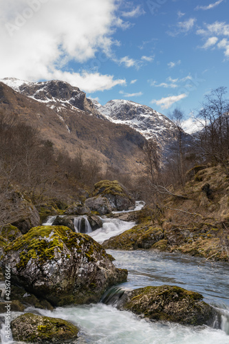 Bondhusdalen Valley near the village of Sunndal, the Bondhuselva River in the background of the mountains.