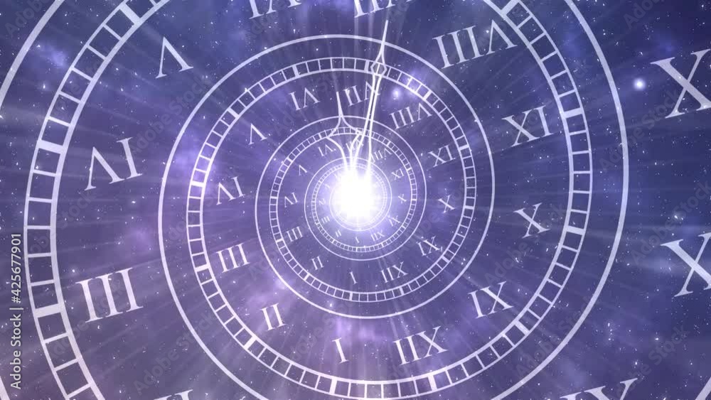 Endless looping spiral clock with minute and hour hands, abstract time passing by, eternity or lifetime concept on galaxy space universe background