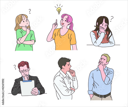 A collection of people characters contemplating ideas. hand drawn style vector design illustrations. 