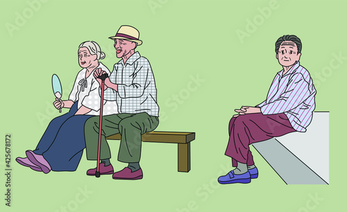 Old Koreans are sitting on a bench. hand drawn style vector design illustrations. 