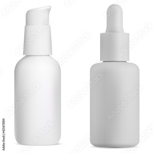 Airless pump bottle. Cosmetic serum can. White foam tube mockup, clear dispenser for glitter or makeup base. White plastic flacon for face care liquid, 3d box. Small moisturizer cream bottle