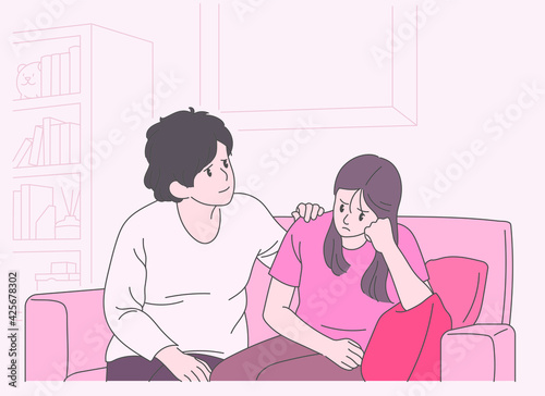 A girl has a serious expression and her mother is comforting. hand drawn style vector design illustrations. 