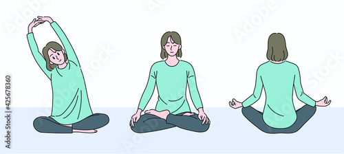 A woman sitting and meditating. hand drawn style vector design illustrations. 