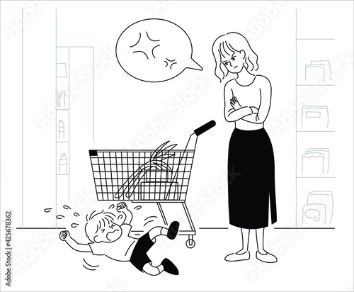 Angry mother with her child swarming by the shopping cart. hand drawn style vector design illustrations. 