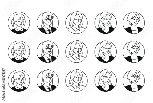 Female face icons with various expressions and styles. hand drawn style vector design illustrations. 