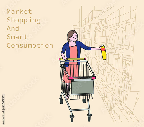 A woman choosing something in the supermarket. hand drawn style vector design illustrations. 